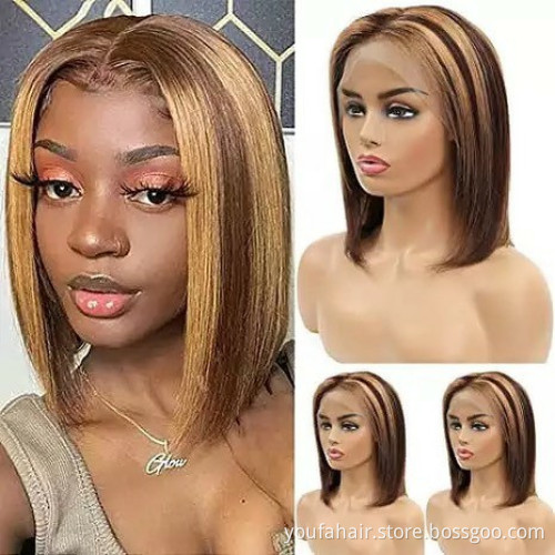 Wholesale Highlight Brazilian Human Hair 4x4 HD Lace Closure Wig Vendors, Piano 4/27 Blonde Ombre Color Lace Front Bob Wig